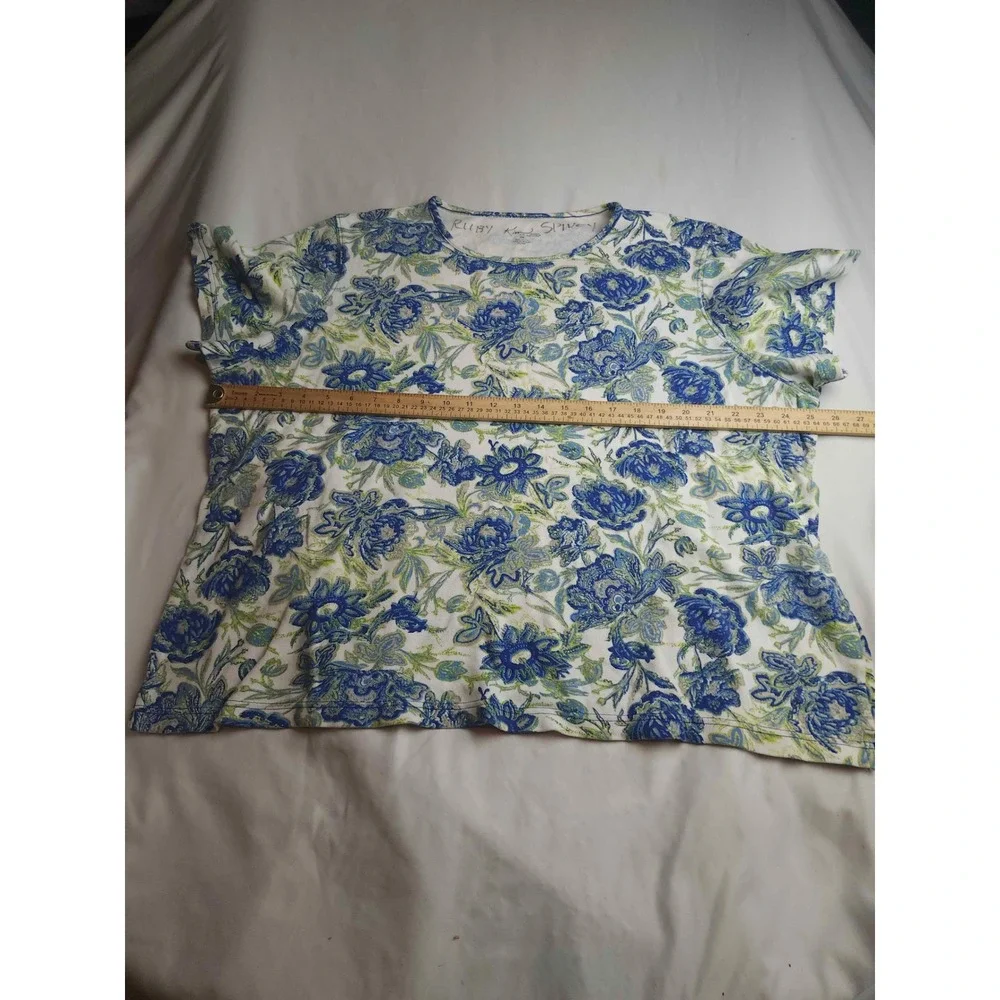 Kim Rogers Woman Blue Green Floral Cotton Short Sleeve Tee Top 2X